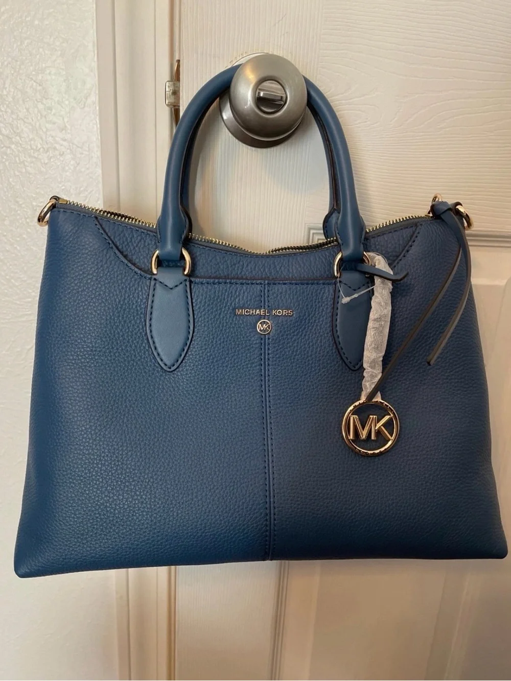Michael Kors Navy Blue Pebbled Leather Satchel with MK Charm
